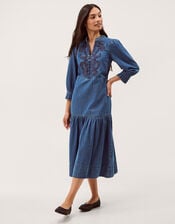 Melissa Embroidered Denim Midi Dress, Blue (MID AUTHENTIC BLUE), large