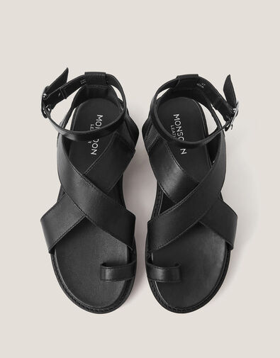 Ivy Toe Strap Crossover Leather Sandals, Black (BLACK), large