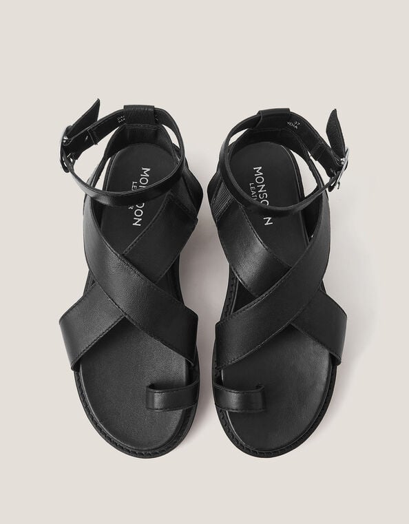 Ivy Toe Strap Crossover Leather Sandals, Black (BLACK), large