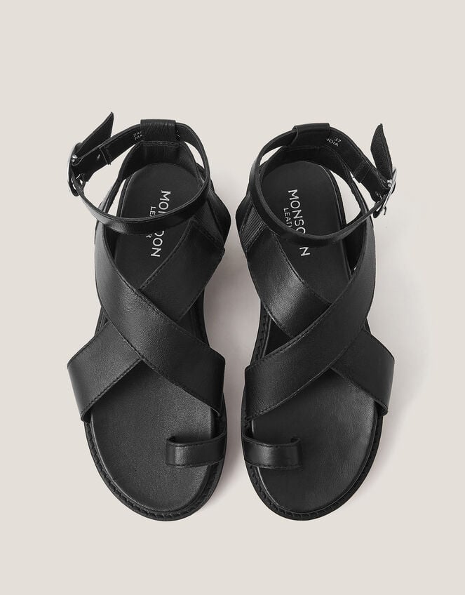 Ivy Toe Strap Crossover Leather Sandals, Black (BLACK), large