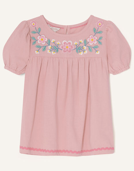 Flower Embellished Short Sleeve T-Shirt Pink, Pink (PINK), large