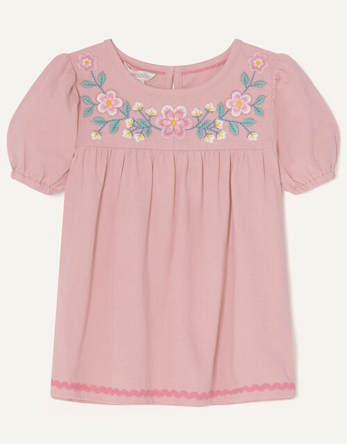 Flower Embellished Short Sleeve T-Shirt, Pink (PINK), large