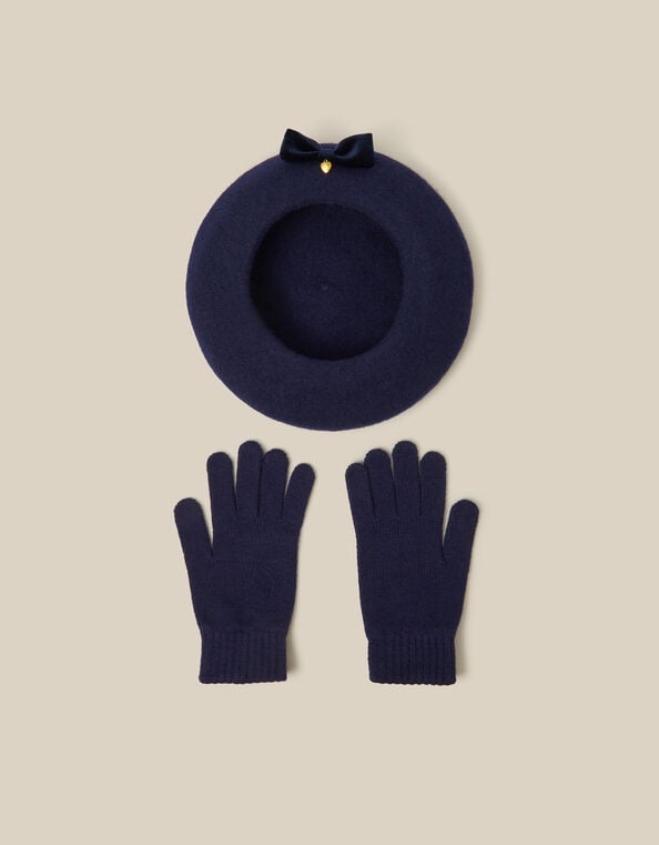 Velvet Bow Wool Beret & Gloves Set, Blue (NAVY), large