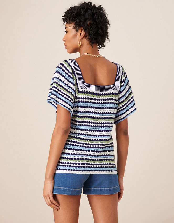 Crochet Stitch Neck Jumper in Cotton Blend, Blue (BLUE), large