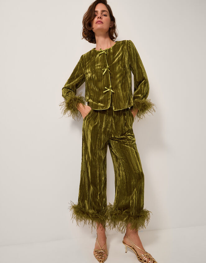 Olivia Feather Cuff Velvet Jacket, Green (OLIVE), large