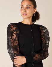 Floral Sleeve Cardigan with Recycled Fabric, Black (BLACK), large