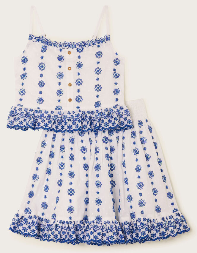 Floral Broderie Cami Top and Skirt Set, White (WHITE), large