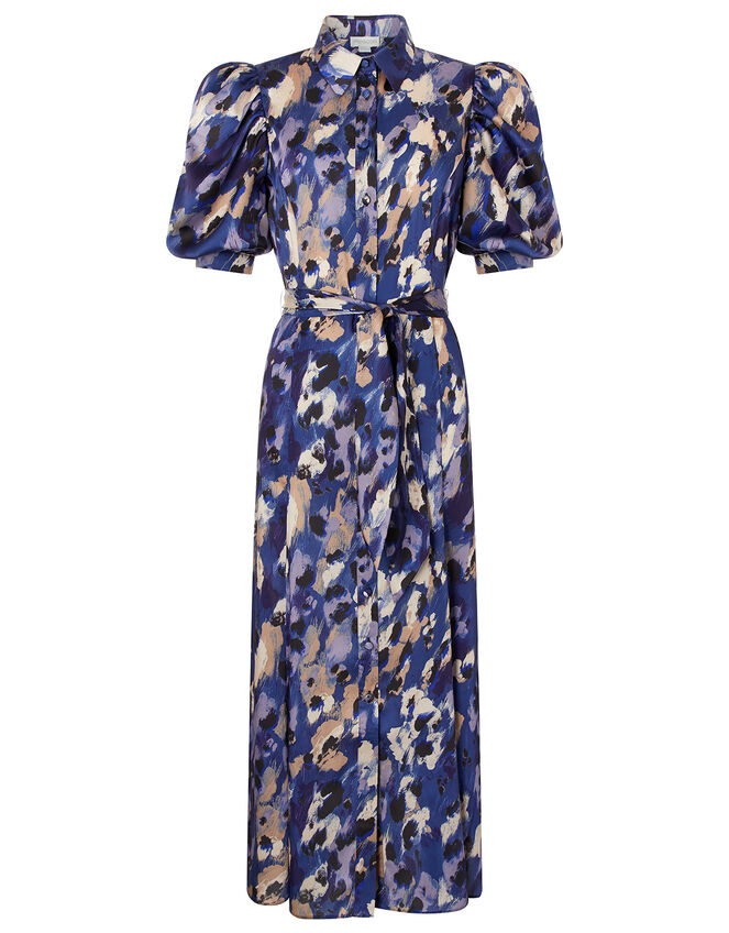 Libby Animal Print Satin Shirt Dress, Blue (BLUE), large
