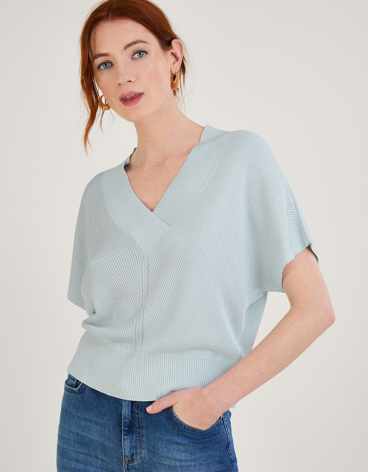 Loose V Neck Metallic Short Sleeve Jumper Blue