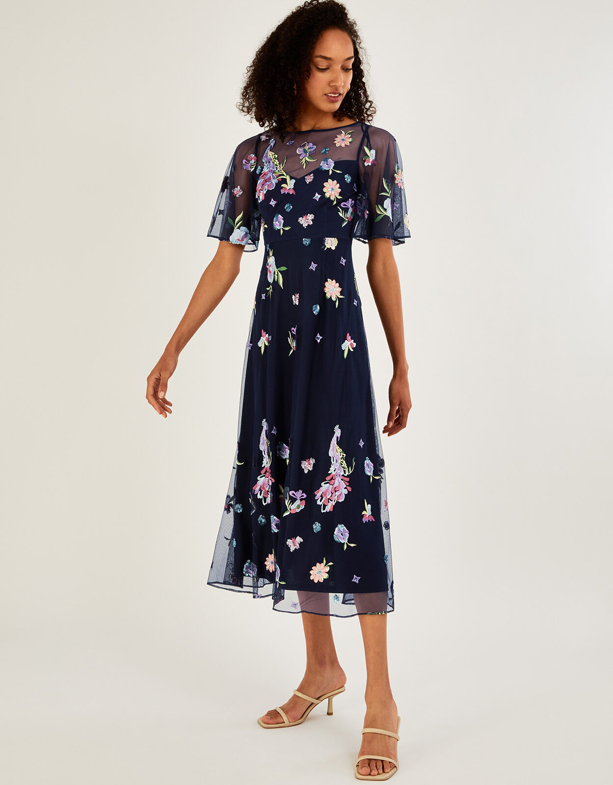 Paula Embellished Midi Dress in Recycled Polyester Blue Evening