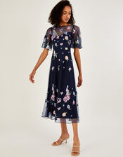 Paula Embellished Midi Dress in Recycled Polyester, Blue (NAVY), large