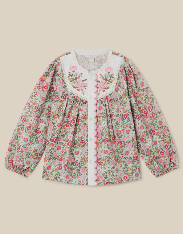 Floral Print Scallop Cotton Blouse, Green (GREEN), large