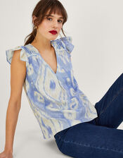 Peggy Ikat Tank Top in Linen Blend, Blue (BLUE), large