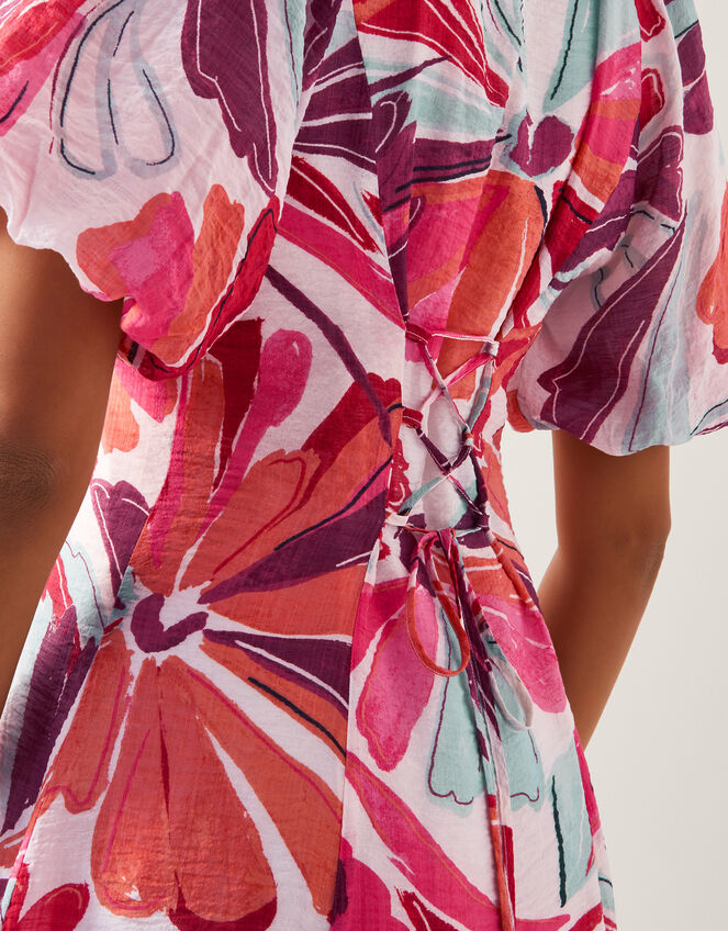 Elana Floral Puff-Sleeve Midi Dress, Ivory (IVORY), large