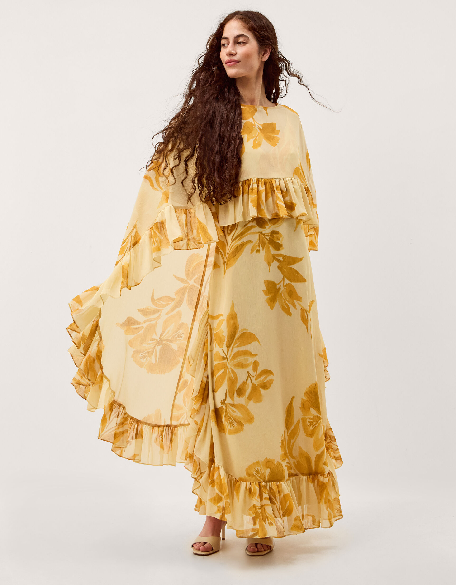 Joanna Ruffle Cape Chiffon Maxi Dress Ivory