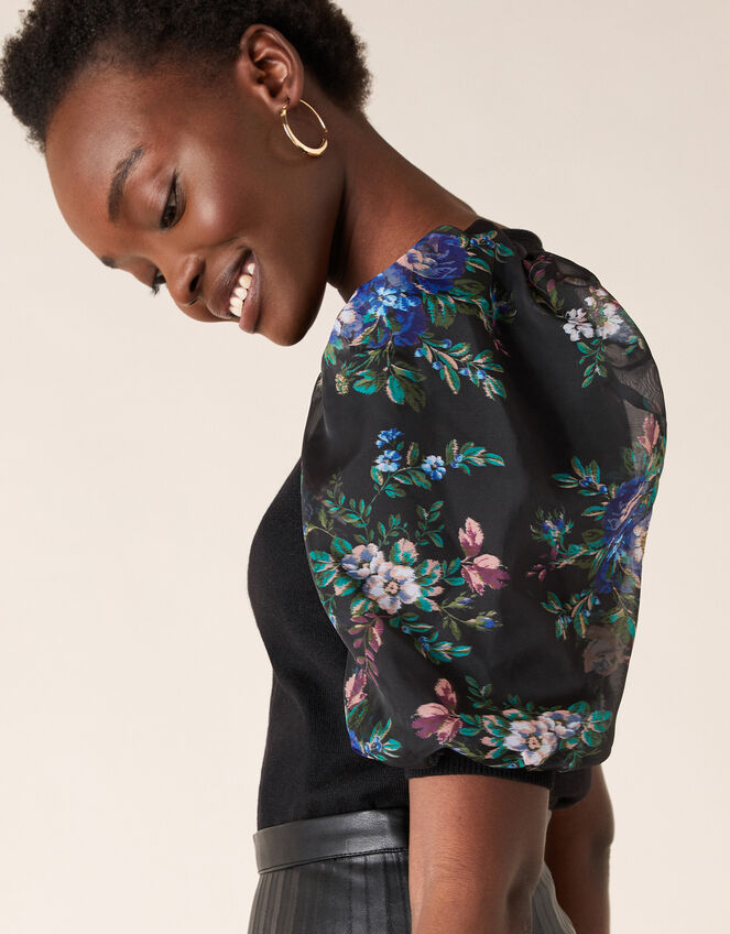 Floral Organza Sleeve Top with Recycled Fabric, Black (BLACK), large