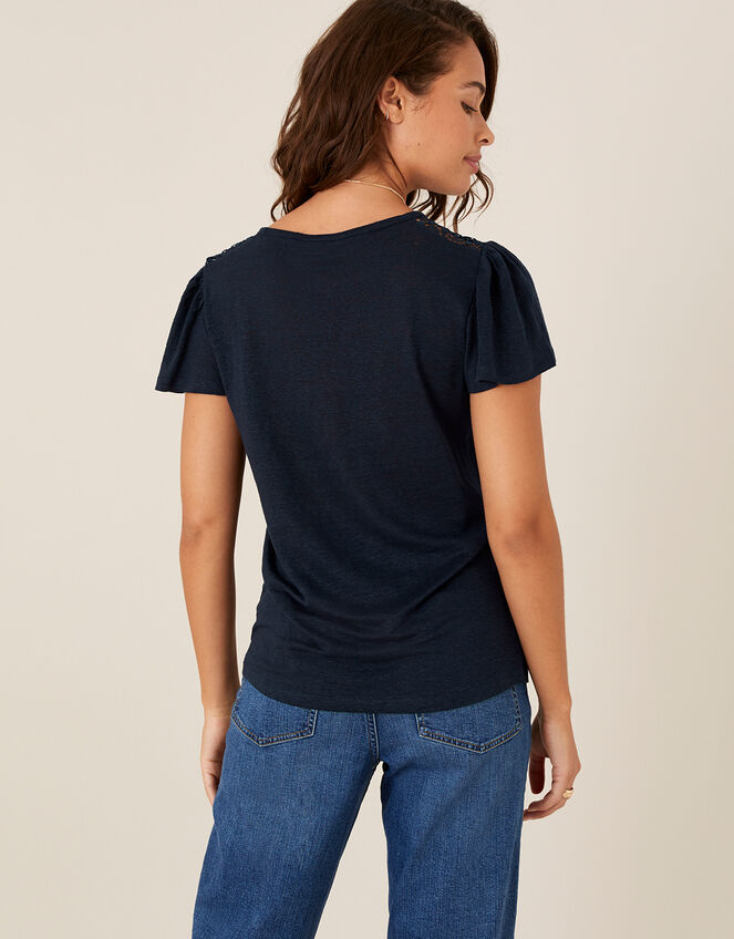 Flutter Sleeve T-Shirt in Pure Linen, Blue (NAVY), large