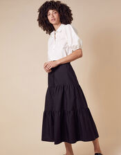 Poplin Tiered Midi Skirt, Black (BLACK), large