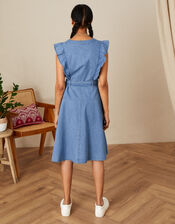 Denim Frill Sleeve Sun Dress in Sustainable Cotton, Blue (DENIM BLUE), large