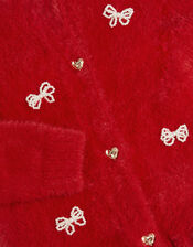 Pearl Bow Fluffy Cardigan, Red (RED), large