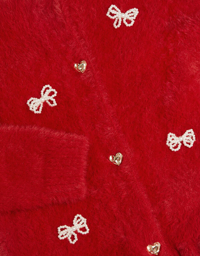 Pearl Bow Fluffy Cardigan, Red (RED), large