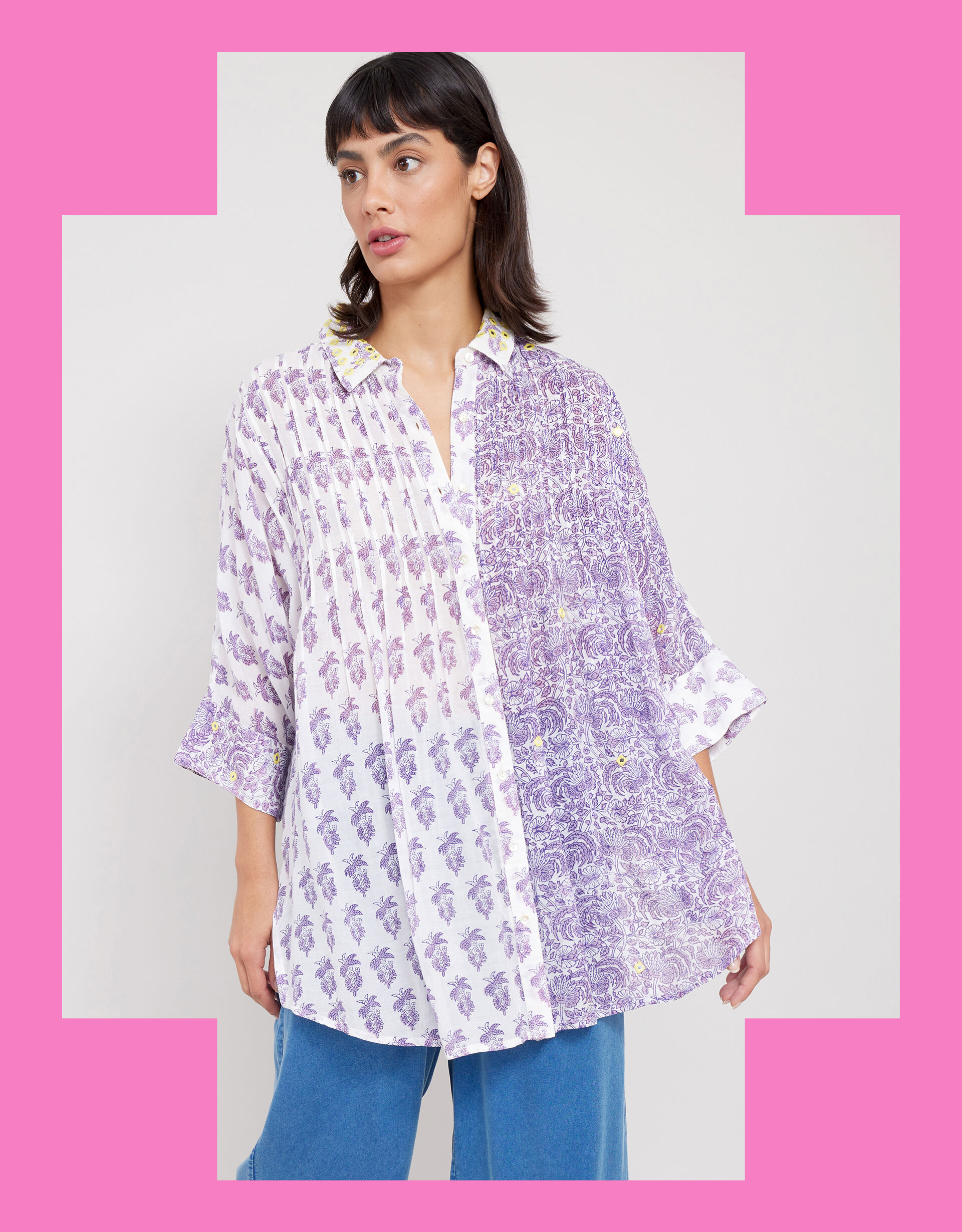 East Aoki Oversized Woodblock Shirt Purple