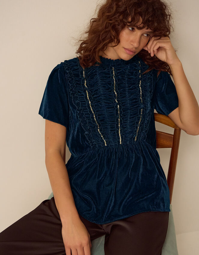 Clemence Eloise Short Sleeve Smocked Velvet Top, Teal (TEAL), large