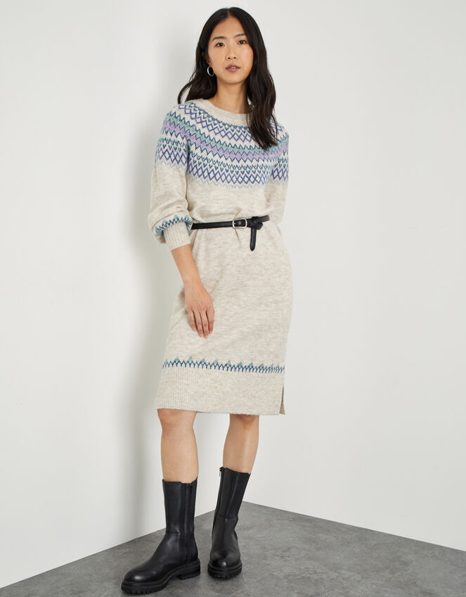 Fairisle Crew Neck Knit Dress, Cream (CREAM), large