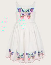 Butterfly Embroidered Cotton Dress, Ivory (IVORY), large
