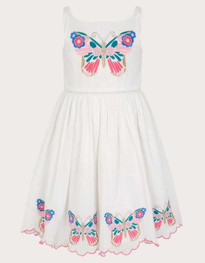 Butterfly Embroidered Cotton Dress, Ivory (IVORY), large