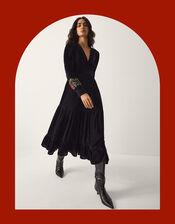 La Galeria Elefante Mexican Embroidered Velvet Midi Dress, Black (BLACK), large