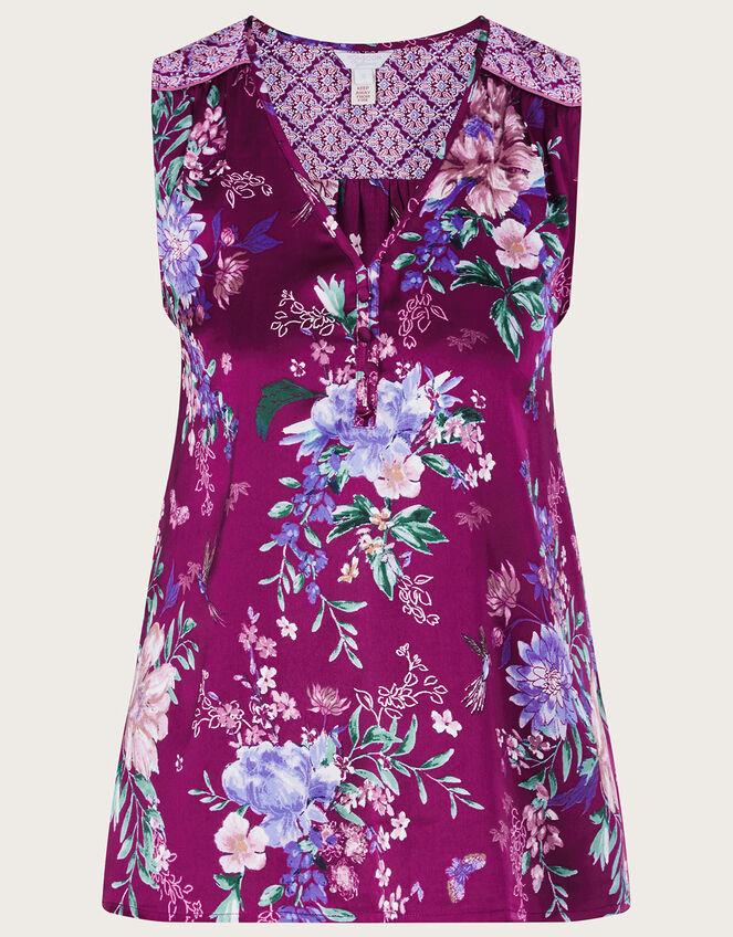 Floral Print Satin Pyjama Top in Recycled Polyester, Red (BERRY), large