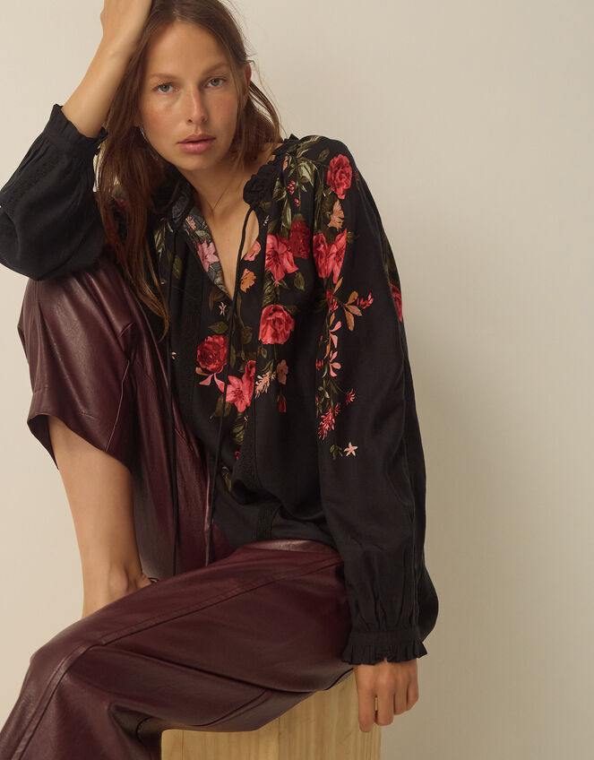 Camille V-Neck Floral Print Blouse, Black (BLACK), large