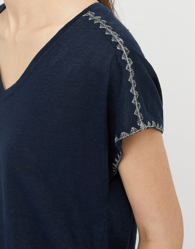 Liza Metallic Stitching T-shirt in Pure Linen, Blue (NAVY), large