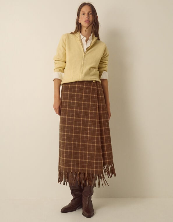 Celeste Check Fringe Midi Skirt, Brown (CHOCOLATE), large