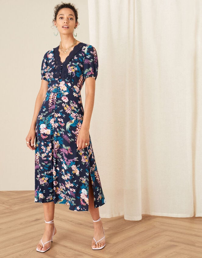 Oriental Print Lace Trim Dress, Blue (NAVY), large