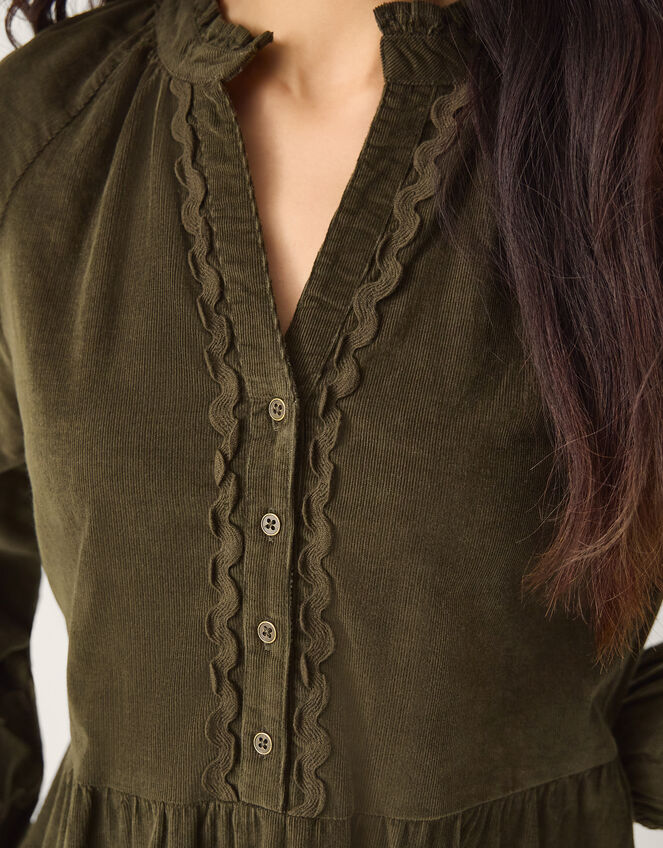 Zola Ric Rac Corduroy Midi Dress, Green (KHAKI), large