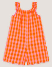Embroidered Gingham Playsuit, Orange (ORANGE), large