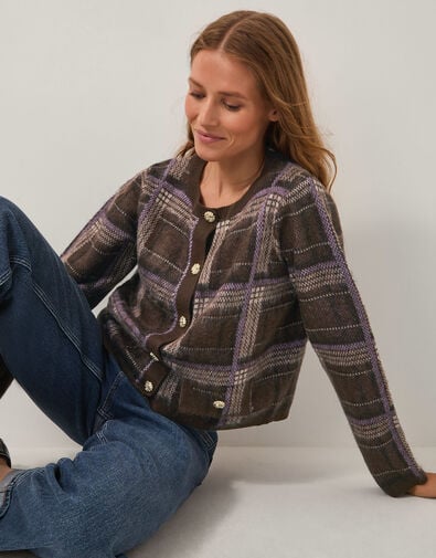 Carmen Check Cardigan, Brown (CHOCOLATE), large