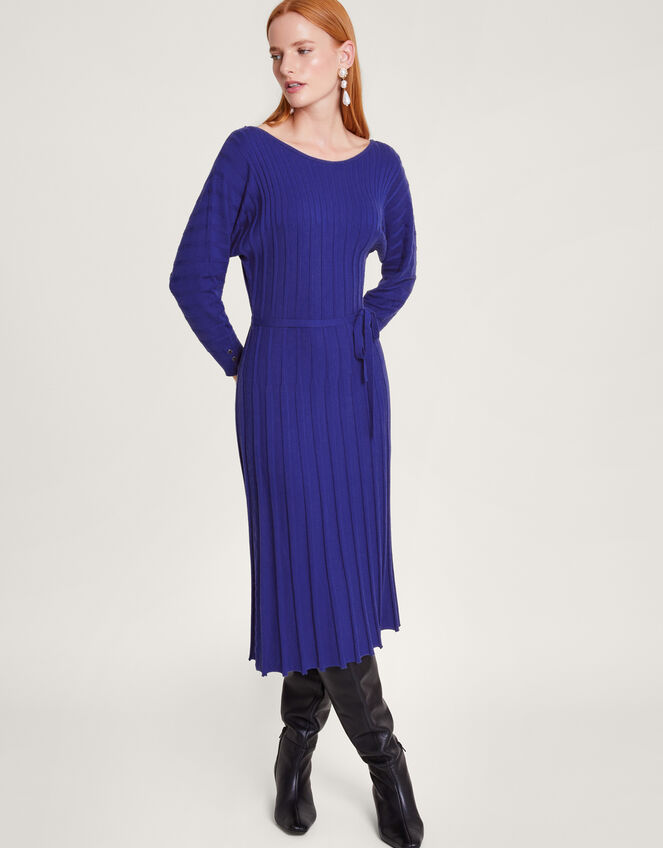 Inverted Rib Slash Neck Dress, Blue (COBALT), large