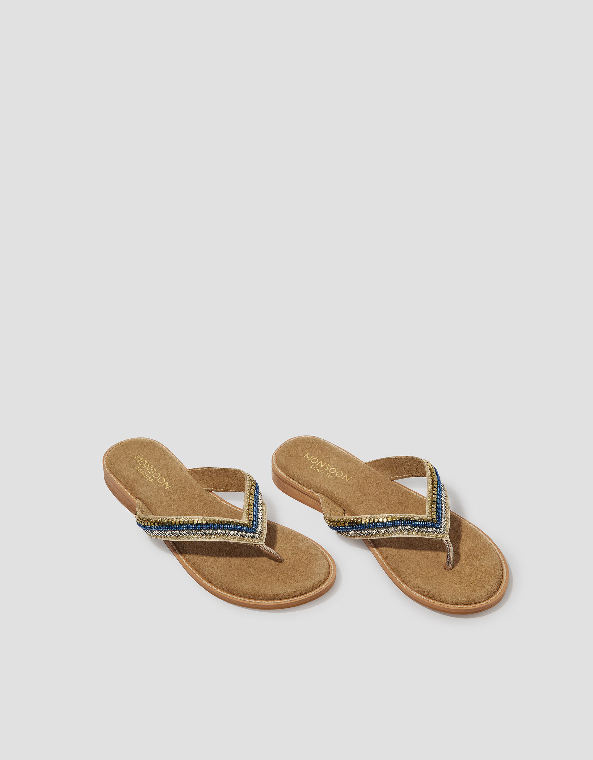 Sia Beaded Leather Flip Flop Sandals Blue
