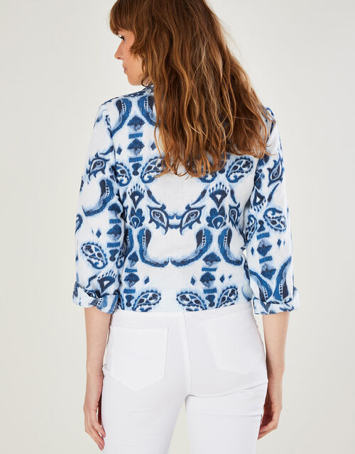Ikat Print Tie Front Shirt in Linen Blend, Blue (BLUE), large