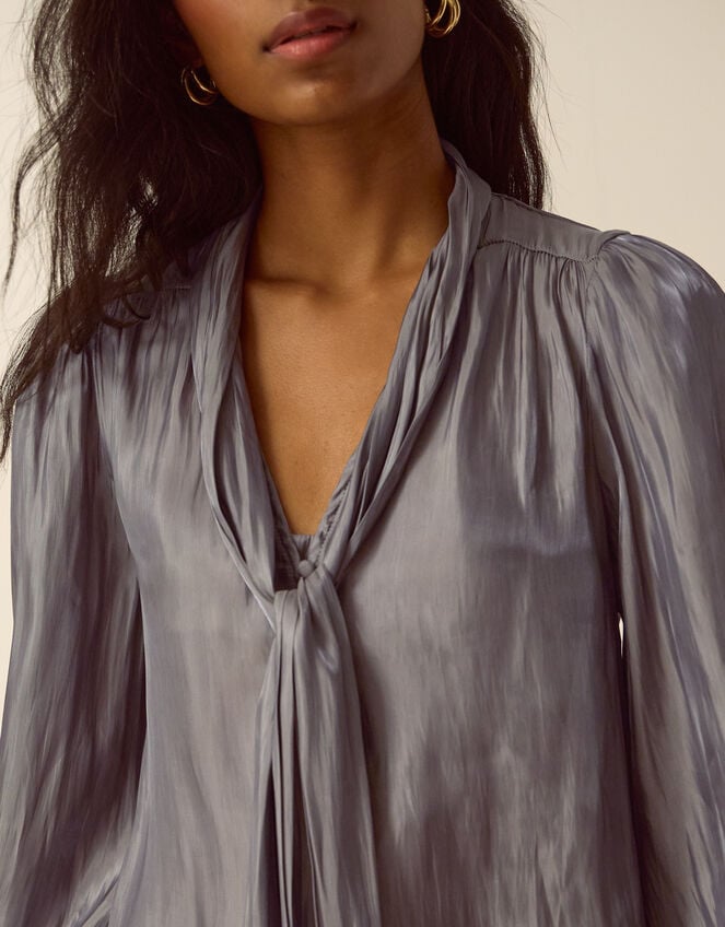 Mira Metallic Pussybow Blouse, Silver (SILVER), large