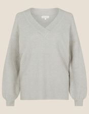 Vin V-Neck Jumper With Open Hem, Grey (GREY), large