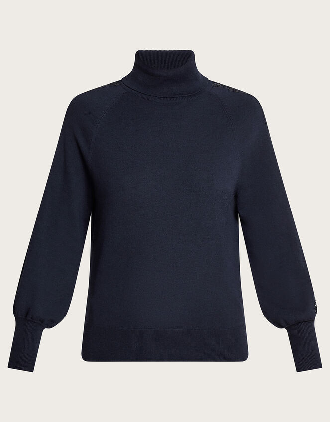 Lace Insert Polo Jumper with Recycled Polyester, Blue (NAVY), large