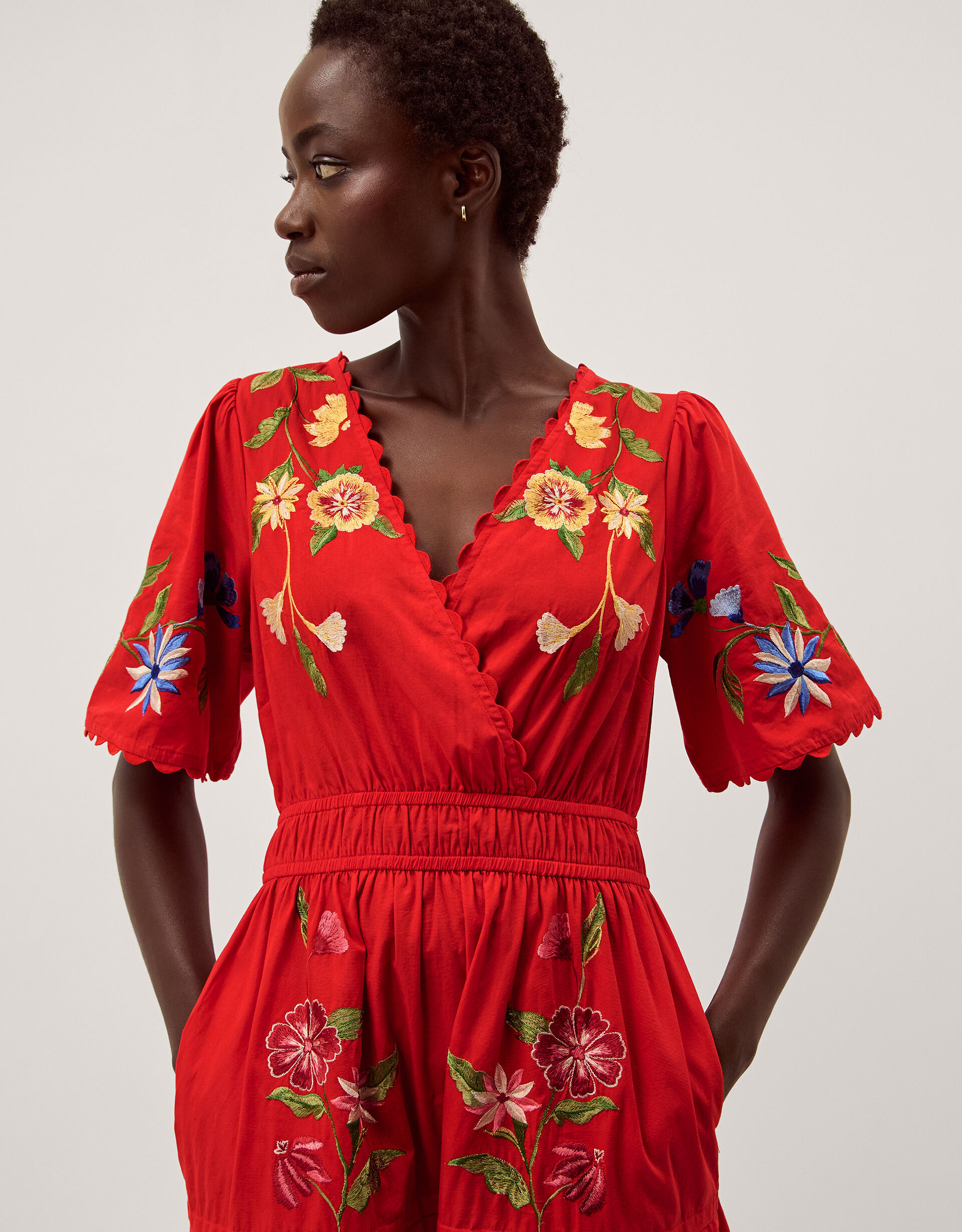 Emma Floral Embroidered Midi Dress Red