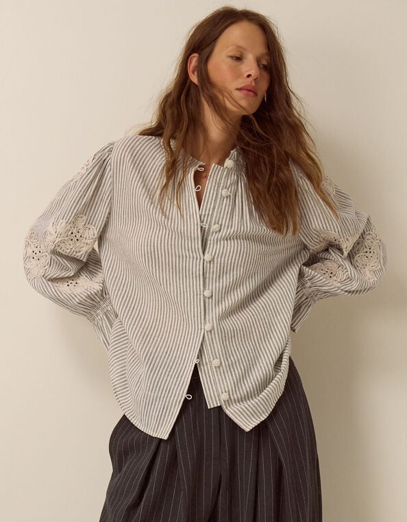 Iris Cornelli Embroidered Stripe Shirt, Ivory (IVORY), large