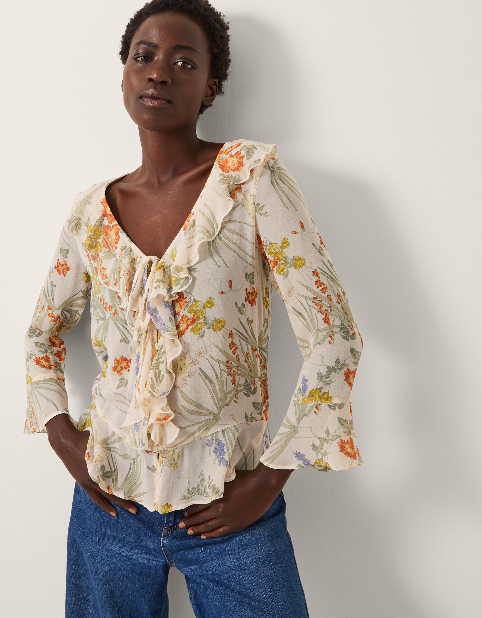 Jesse Sheer Frill Floral Blouse Ivory