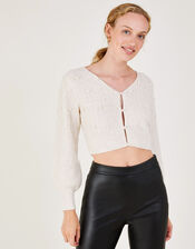 Pointelle Pearl Short Cardigan with Recycled Polyester, Ivory (IVORY), large