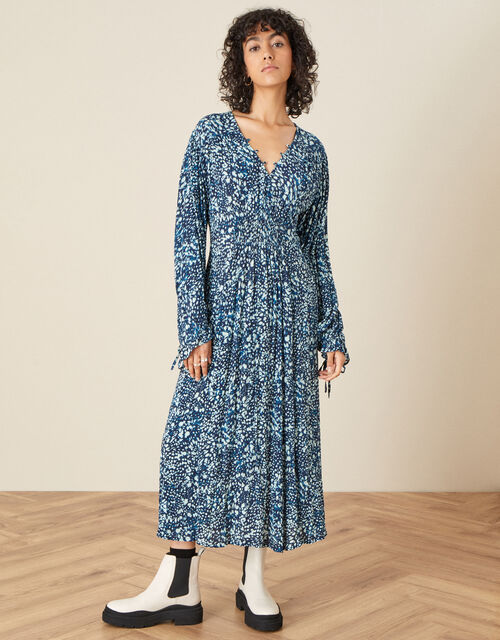 Shirred Animal Print Dress , Blue (NAVY), large